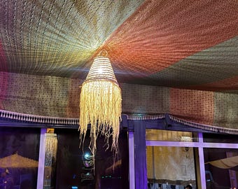 Pantalla de lámpara de mimbre con flecos, lámpara colgante de ratán, pantalla de techo natural