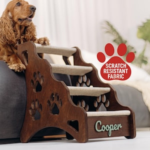 Houten huisdierentrap voor bed en bank. Hondensteps gepersonaliseerd. Hondenhelling. Traplopen. Trap met krasbestendige stof.