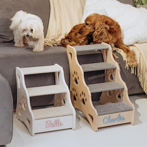2 Sized Anti-Claw Stairs For Dog 14&quot;, 19&quot; With Name. Personalized Bed Stairs For Pets. Wooden Dog Furniture. Stairs With Perforated Paws.
