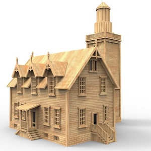 May include: A wooden model of a lighthouse with an attached house. The structure is made of light-colored wood, featuring a detailed roof, windows, and a tall tower. The design includes a porch and stairs, showcasing a classic architectural style.