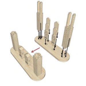 Puede incluir: Ilustraci&oacute;n de un kit de modelo de madera con dos bases, cada una con torres de ladrillo en miniatura y estructuras arqueadas. Las flechas indican los pasos de montaje, lo que sugiere un tema de construcci&oacute;n o arquitectura.