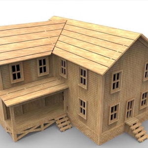 Puede incluir: Maqueta de casa de madera de dos pisos de color marrón claro. La casa cuenta con múltiples ventanas, un porche y un tejado inclinado. El modelo incluye escaleras que conducen al porche y está construido con tablones de madera.