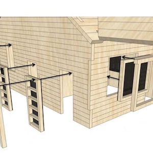Puede incluir: Ilustraci&oacute;n arquitect&oacute;nica de una estructura de madera, posiblemente una casa o cobertizo, con varios componentes desmontados. La imagen muestra las paredes, ventanas y marcos de puertas separados, destacando el proceso de construcci&oacute;n. La estructura es de madera clara.