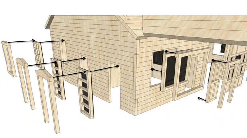 Puede incluir: Ilustraci&oacute;n arquitect&oacute;nica de una estructura de madera, posiblemente una casa o cobertizo, con varios componentes desmontados. La imagen muestra las paredes, ventanas y marcos de puertas separados, destacando el proceso de construcci&oacute;n. La estructura es de madera clara.