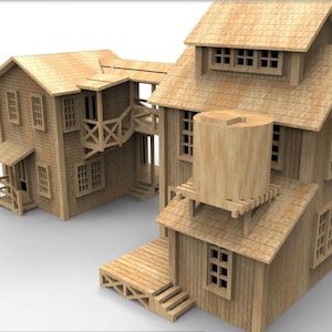 May include: A detailed wooden model of a Western-style town, featuring multiple buildings with pitched roofs, balconies, and a water tower. The model is constructed from light-coloured wood, showcasing intricate architectural details.