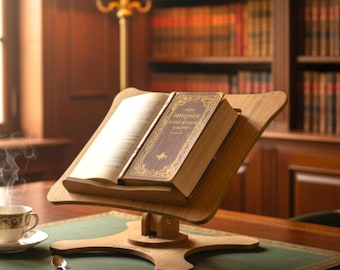 Suporte multifuncional de madeira ajustável com rotação de 360° para leitura e uso com laptop, ideal para casa e escritório.