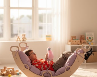 Arco de escalada Montessori, conjunto de balanço de madeira, brinquedo artesanal para bebês escalando e almofada de chão.