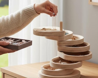 Caixa de joias de madeira, organizador empilhável feito à mão com gavetas, porta-acessórios