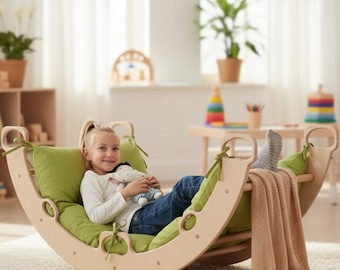 Arco de escalada Montessori, conjunto de balanço de madeira, brinquedo artesanal para bebês escalando e almofada de chão.