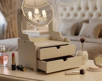Espelho organizador de maquiagem em madeira, gavetas para guardar cosméticos, penteadeira de mesa, porta-joias, presente ideal para mães