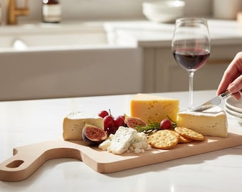 Tábua de corte rústica de madeira, travessa natural para charcutaria e servir, ideal para decoração de cozinha.