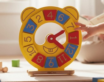 Relógio de madeira Montessori para ensinar as horas, brinquedo educativo para crianças.