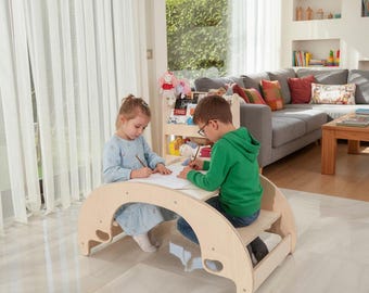 Mesa de atividades e gangorra de madeira Montessori 2 em 1, balanço para crianças, móveis para brincar em ambientes internos