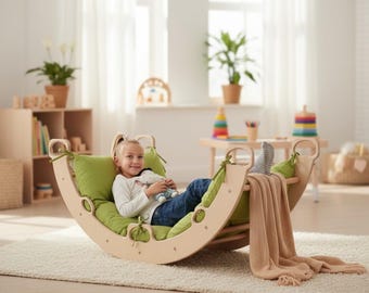 Montessori-klättrare med båge och kudde, gungleksak i trä för småbarn, klätterställning för babyn, present till inomhuslekplats, handgjorda barnmöbler