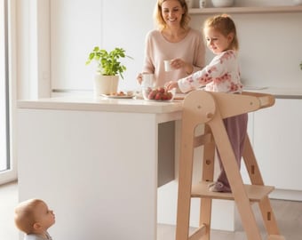 Torre de cozinha Montessori de madeira, banquinho ajustável para aprendizagem do bebê
