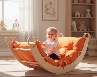 Arco de escalada Montessori, conjunto de balanço de madeira, brinquedo artesanal para bebês escalando e almofada de chão.