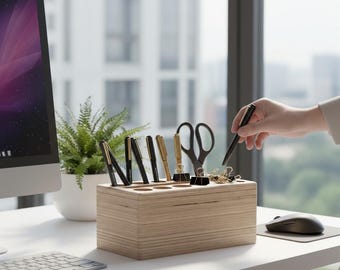 Wooden Pen Holder, Handmade Desk Organizer for Pencil, Minimalist Office Decor