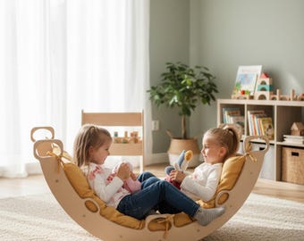 Arco de escalada Montessori, conjunto de balanço de madeira, brinquedo artesanal para bebês escalando e almofada de chão.