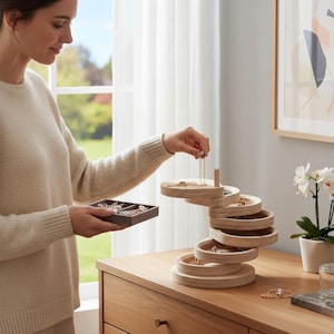 May include: A light-colored wooden jewelry organizer featuring a tiered, rotating design with multiple circular trays stacked vertically. The organizer has a central post and a natural wood grain finish, providing storage for various small accessories.