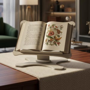 Puede incluir: Un atril de madera de color beige claro que sostiene un libro abierto. La página izquierda presenta un texto impreso en negro, mientras que la derecha muestra una colorida ilustración botánica de flores y hojas. El soporte tiene una base ancha.