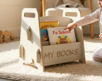 Organizador de livros infantil Montessori de madeira, estante para livros de crianças pequenas, altura ideal para sala de jogos ou biblioteca.