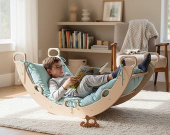 Arco de escalada Montessori, conjunto de balanço de madeira, brinquedo artesanal para bebês escalando e almofada de chão.