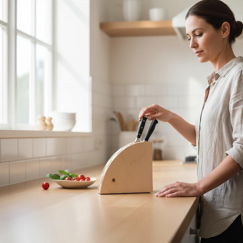 May include: A light-coloured wooden knife block with several slots, holding black-handled knives. The block is on a light-coloured countertop. A person is placing a knife into the block. A plate of tomatoes and basil sits nearby.