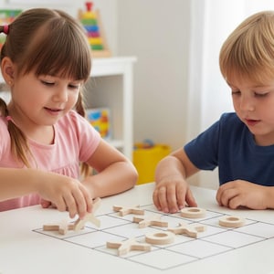 May include: A wooden tic-tac-toe game set featuring a white square board with a black grid pattern and light-colored wooden X and O game pieces. The pieces are placed on the grid, with some X and O shapes arranged in the squares of the board.