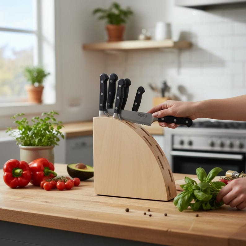 May include: A wooden knife block containing several black-handled knives. One knife is being taken out. Red peppers, tomatoes, and basil sit on the wooden worktop. A window and kitchen appliances are in the background.