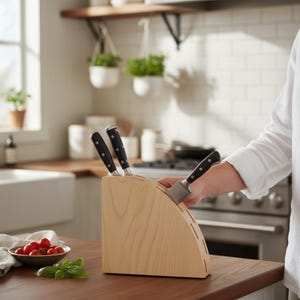 May include: A light-coloured wooden knife block containing several knives. The knives have black handles and silver blades. The block is on a wooden countertop in a kitchen. A person is holding one of the knives.