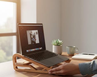 Ergonomic Wooden Laptop Stand, Decorative Desktop Riser for Workspace, Handmade Computer Stand, Scandinavian Office Decor, Coworker Gift