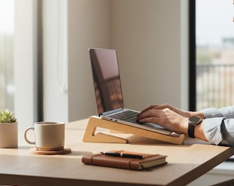 Wooden Laptop Stand for Desk, Ergonomic Setup Riser, Minimalist MacBook Holder, Office Gift for Men, Work from Home Desk Accessory