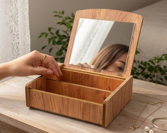 Organizador de maquiagem de madeira com espelho, caixa de armazenamento de joias escandinava