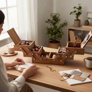 Peut inclure: Une boîte à couture en bois de style accordéon avec plusieurs compartiments étagés, contenant diverses bobines de fil colorées, un pelote à épingles et des ciseaux dorés. La boîte présente une finition en bois naturel et des charnières en métal.