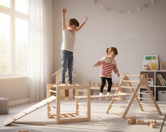 Montessori klätterset, björkplywood gym för småbarn, klätterkub i trä med ramp, inomhuslekplats för barn, present till första födelsedagen