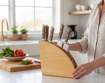 Suporte de madeira para facas, com 10 compartimentos, moderno, para armazenamento de facas de cozinha. Organizador de bancada feito à mão, acessório de cozinha escandinavo, presente para cozinheiros.