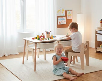 Toddler Activity Table with Chair, Montessori Sensory Play Furniture, Wooden Kids Learning Desk, Playroom Table Set, 2nd Birthday Gift