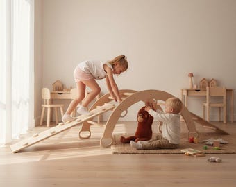 Montessoriklättrarset i trä, lekgym för småbarn med triangel och ramp, klättermöbler för småbarn, inomhusleksak, 1-årspresent