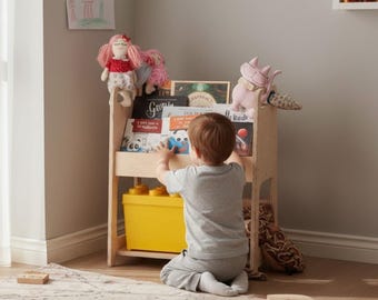 Montessori Book Shelf with Toy Storage, Wooden Kids Bookcase for Nursery, Front Facing Toddler Book Display, Playroom Organizer Furniture