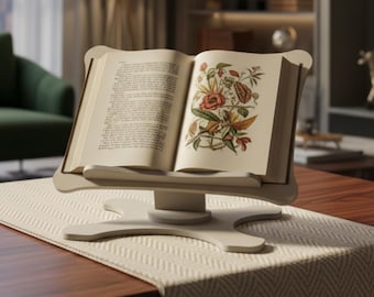 Suporte multifuncional de madeira ajustável com rotação de 360° para leitura e uso com laptop, ideal para casa e escritório.