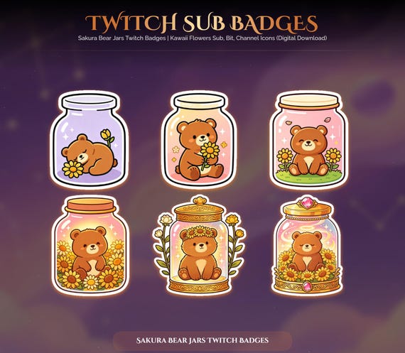 Sakura Bear Jars Twitch Badges — animated bear and panda stream overlay pack for Twitch, YouTube, Kick and TikTok, with Starting Soon, BRB and Ending screens, alerts and panels