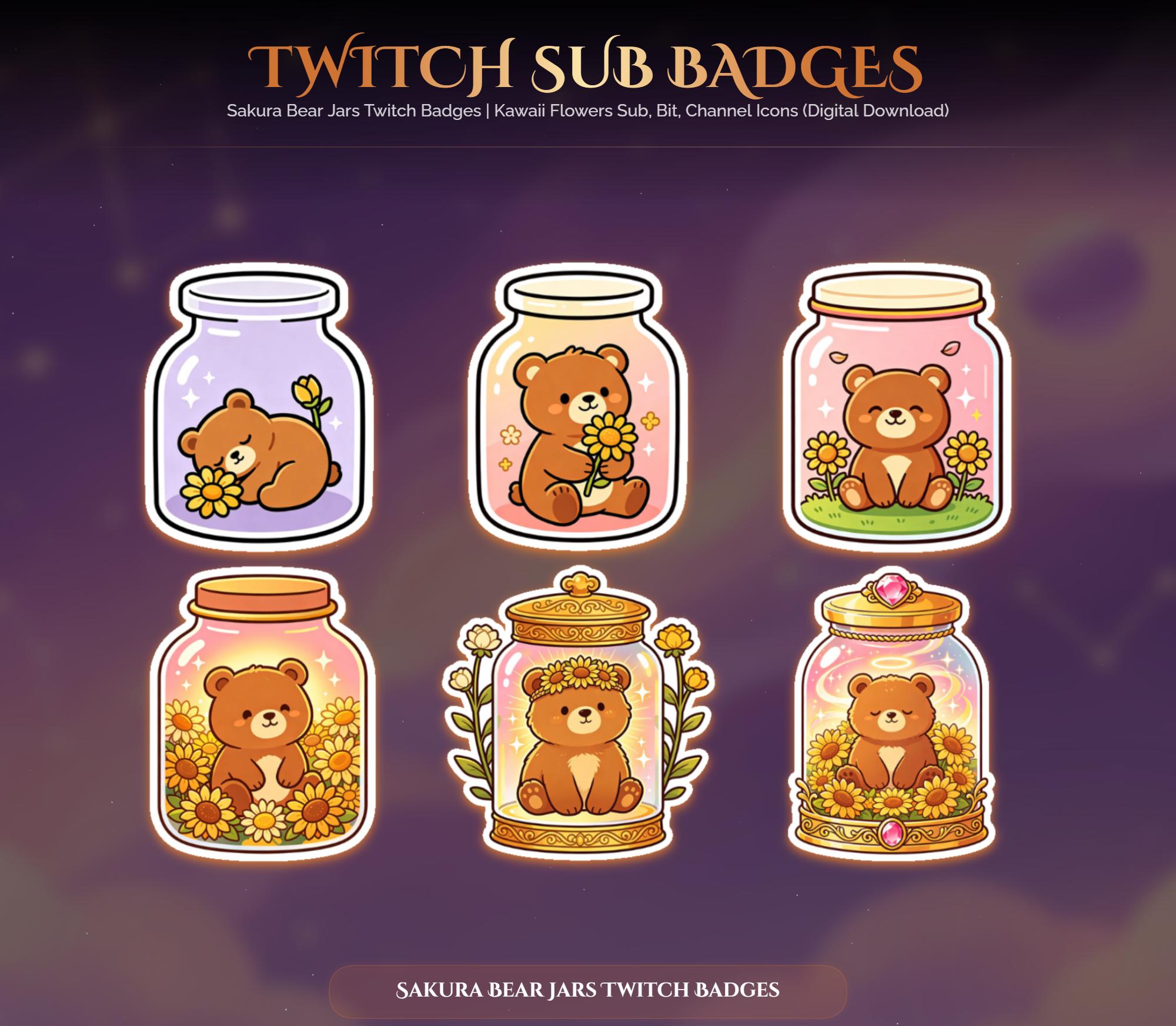 Sakura Bear Jars Twitch Badges — animated bear and panda stream overlay pack for Twitch, YouTube, Kick and TikTok, with Starting Soon, BRB and Ending screens, alerts and panels