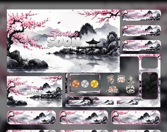 Animated Cherry Blossom Stream Overlay Package | Sakura Japanese Twitch Overlays (Digital Download)
