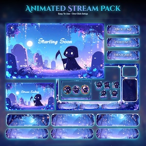 Puede incluir: Un paquete de transmisión animado con un tema azul y morado. El paquete incluye gráficos para las pantallas "Starting Soon" y "Stream Ending", junto con botones para "About Me", "Contact" y "Designer". El diseño presenta una caricatura de la muerte.