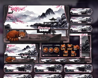 Red Panda Overlay Animated Stream Package: Twitch, YouTube, Kick | Setup Room Sakura Overlays