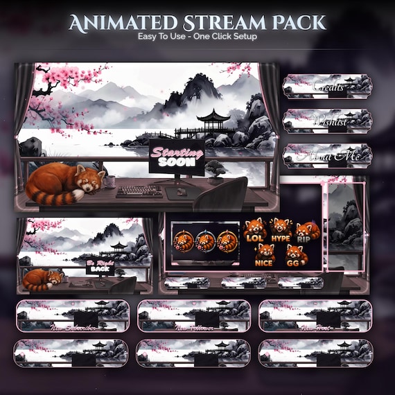 Red Panda Overlay Animated Stream Package — animated bear and panda stream overlay pack for Twitch, YouTube, Kick and TikTok, with Starting Soon, BRB and Ending screens, alerts and panels