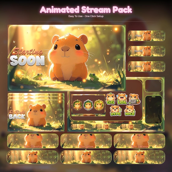 Capybara Forest Animated Stream Package — animated frog and woodland animal stream overlay pack for Twitch, YouTube, Kick and TikTok, with Starting Soon, BRB and Ending screens, alerts and panels