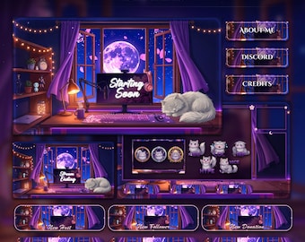 Cat Sakura Moon Setup Animated Stream Pack | Twitch Overlay | YouTube, Kick | Purple Room Overlays