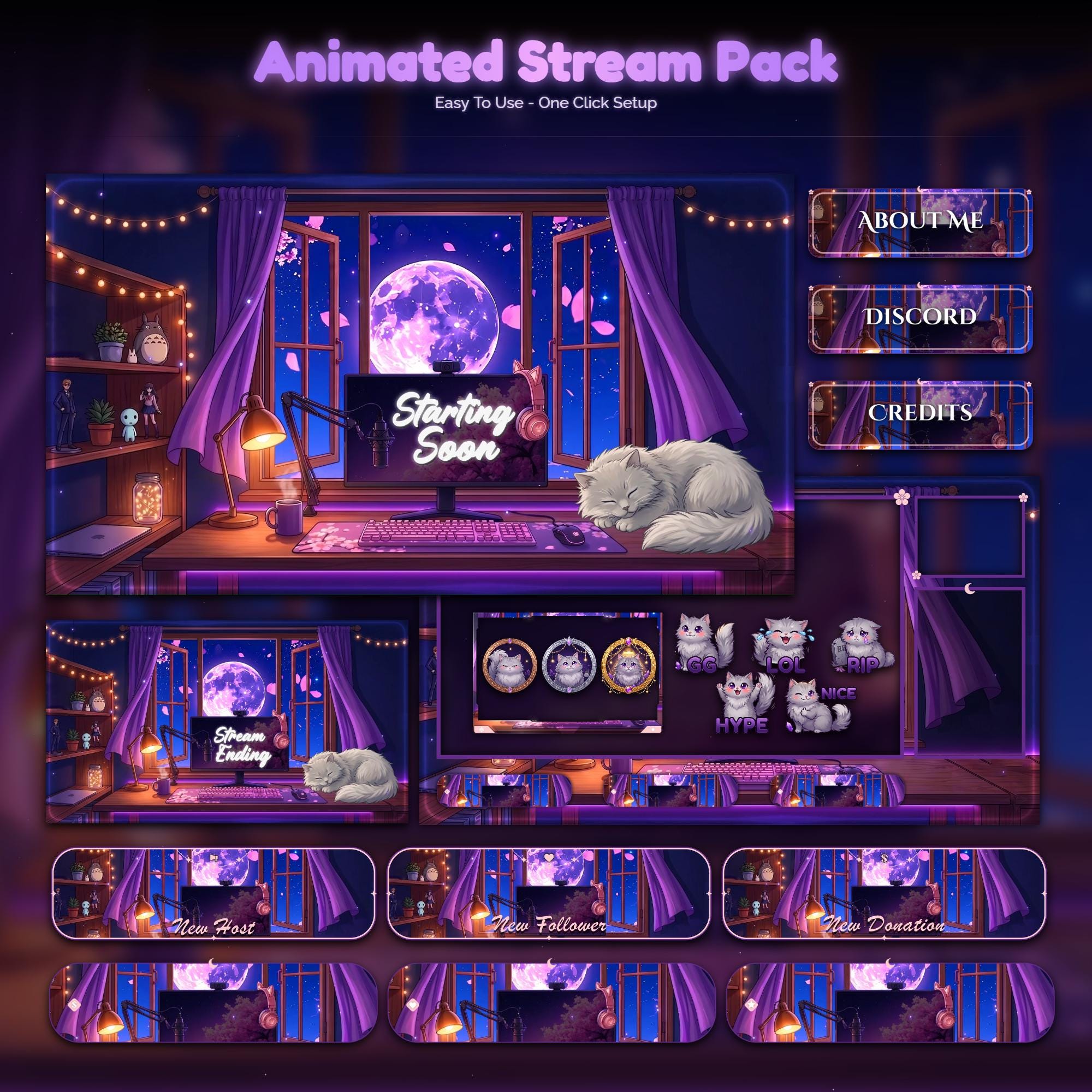 Cat Sakura Moon Setup Animated Stream Pack