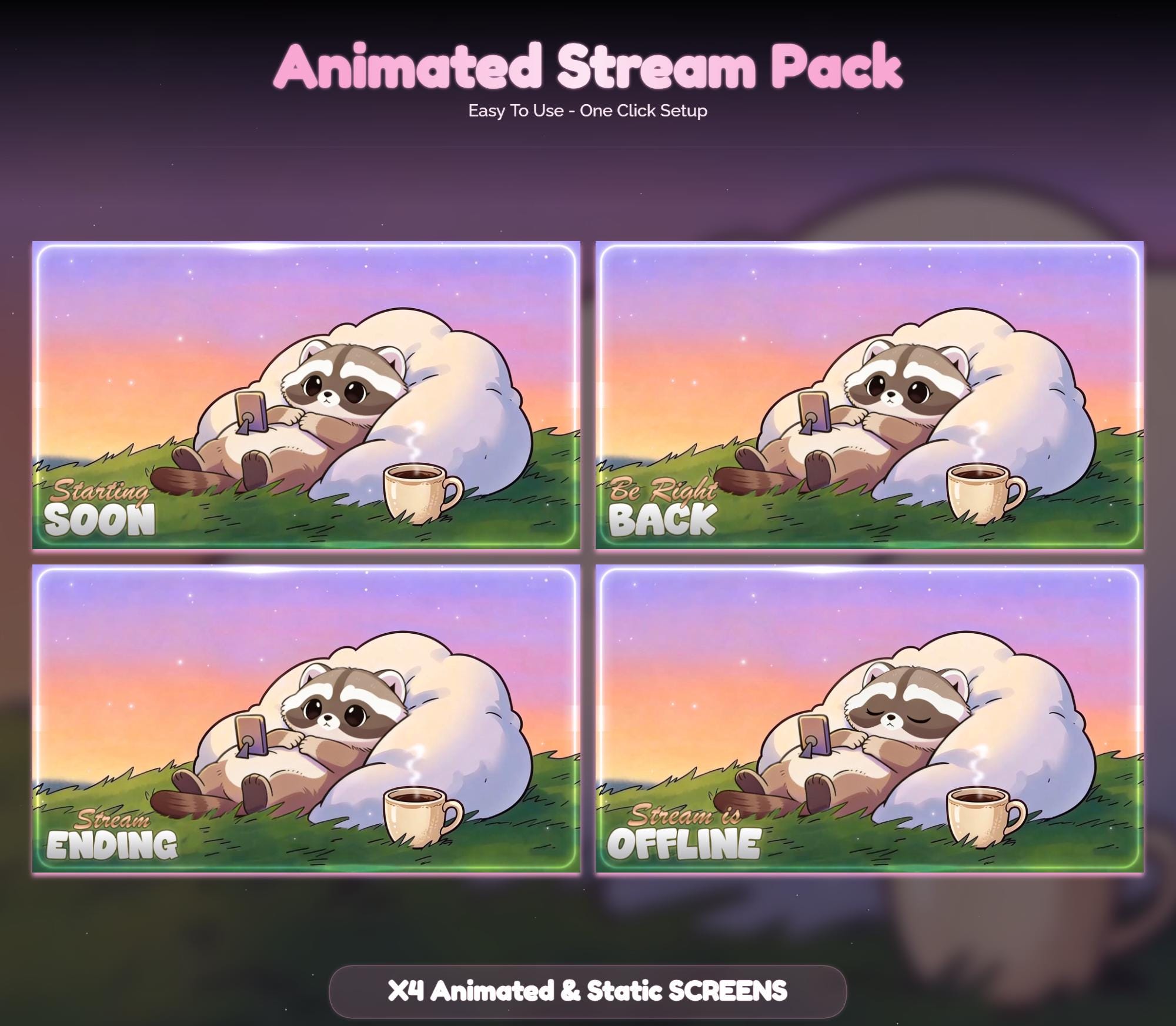 Lofi Sunset Raccoon Overlay Animated Stream Package: Cozy — preview photo 2